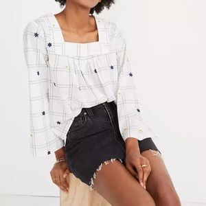 Embroidered Windowpane Square-Neck Button-Down Top